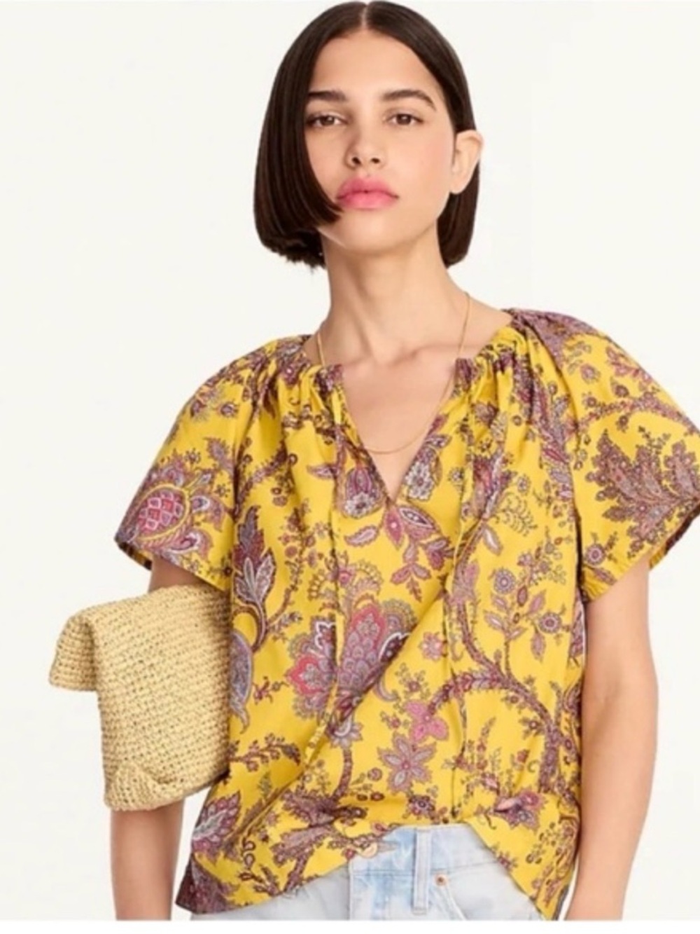 J. Crew Yellow Paisley V-Neck Short Sleeve Top